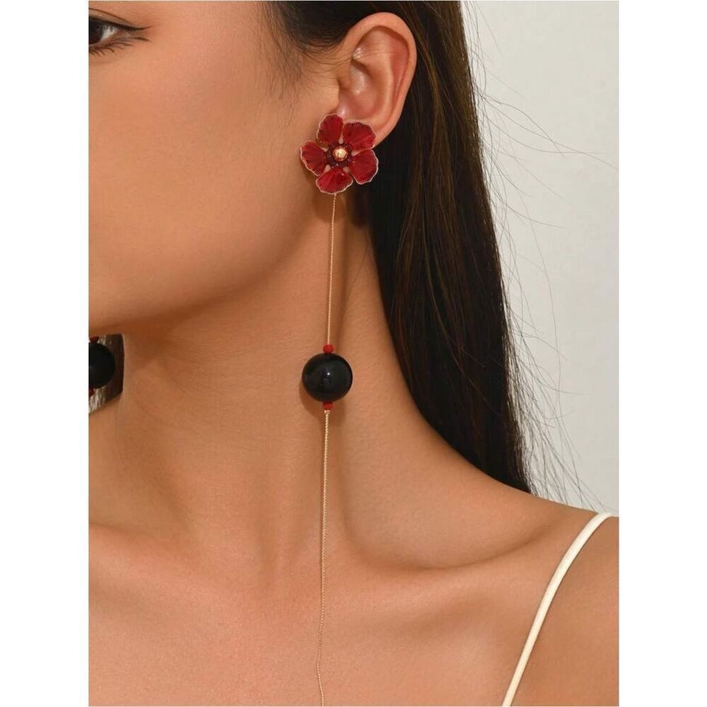 Red Floral Drop Earrings A1649